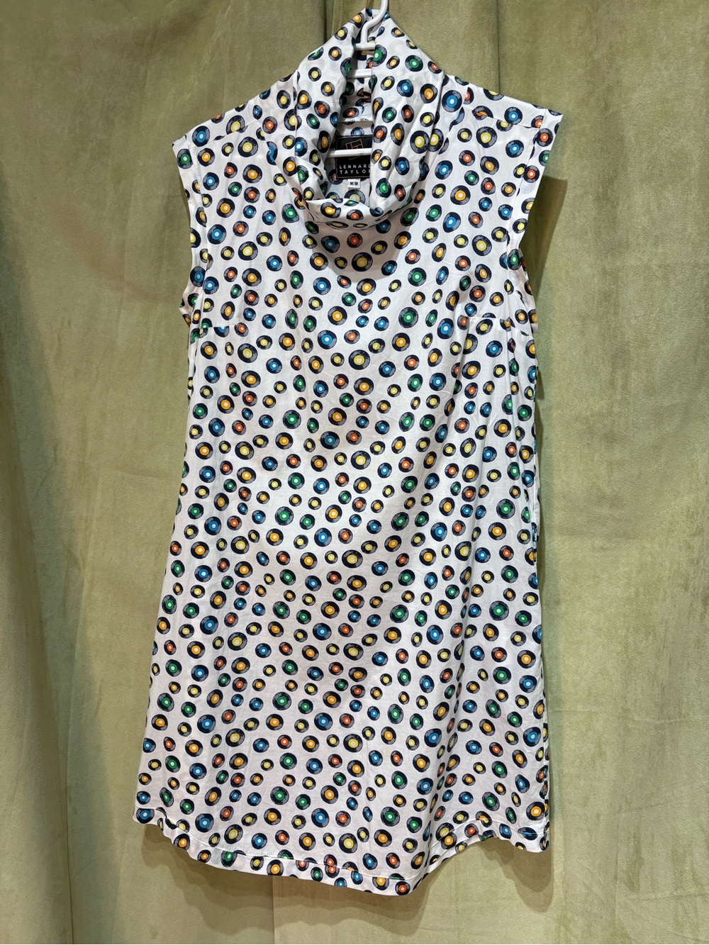 🇨🇦Made in Canada! Sleeveless Cowl Neck Dress with Colorful record Print